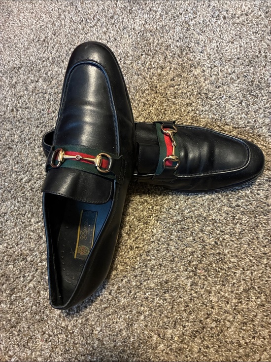 Gucci Black Leather Loafers with Red and Green Web size 44 fits 10.5 USA main image 5